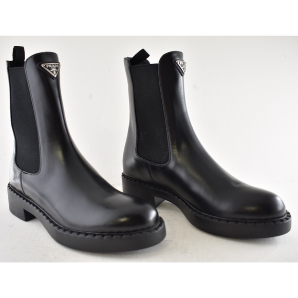 Prada Chocolate Brushed Leather Black Pull On Chelsea Ankle Mid Calf Boot 38.5 - Picture 4 of 16